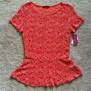 ANTHROPOLOGIE Netted Stanza Peplum Top Red Orange Sheer Knit Lace NWT